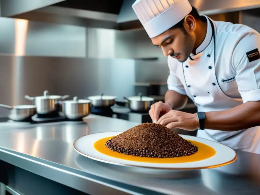 Un chef experto en cocina fusión preparando un plato gourmet con café peruano en un restaurante de alta gama en Perú