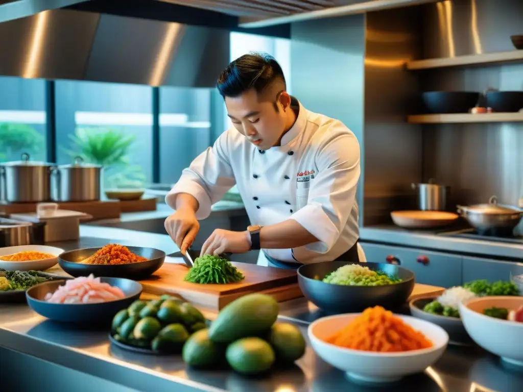 Un chef experto en cocina Nikkei en Perú preparando con precisión un platillo tradicional, rodeado de ingredientes coloridos y utensilios de cocina