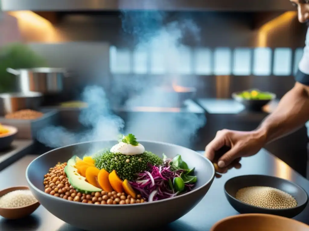 Un chef experto en una cocina profesional añadiendo la cañihua andina a una colorida ensalada