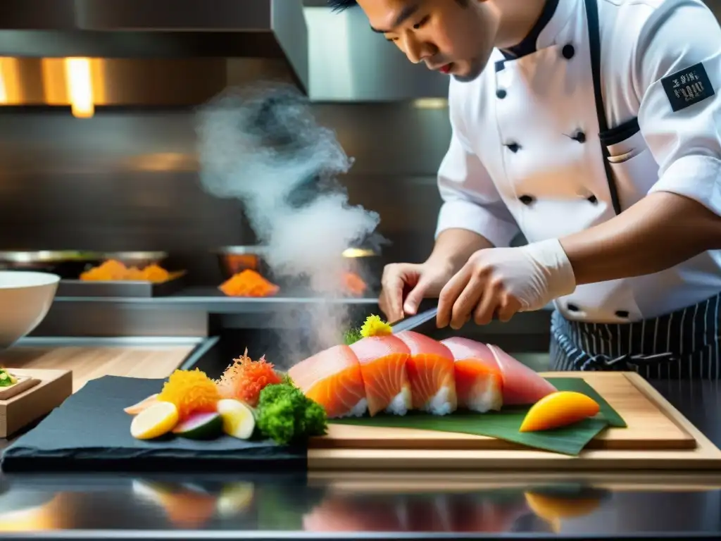 Un chef experto en cocina Nikkei preparando sashimi con precisión y arte