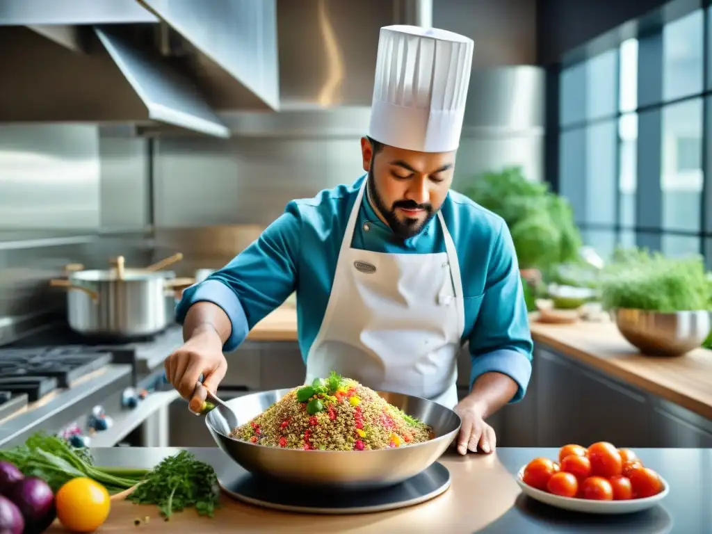 Un chef experto prepara una colorida ensalada de quinua en una cocina profesional