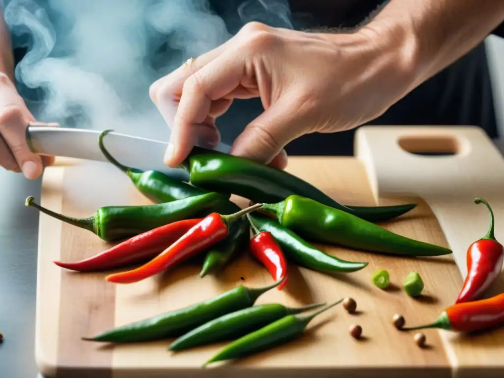 Un chef experto corta ajíes rojos y verdes en una tabla de cortar, destacando la importancia del ají en fusiones culinarias