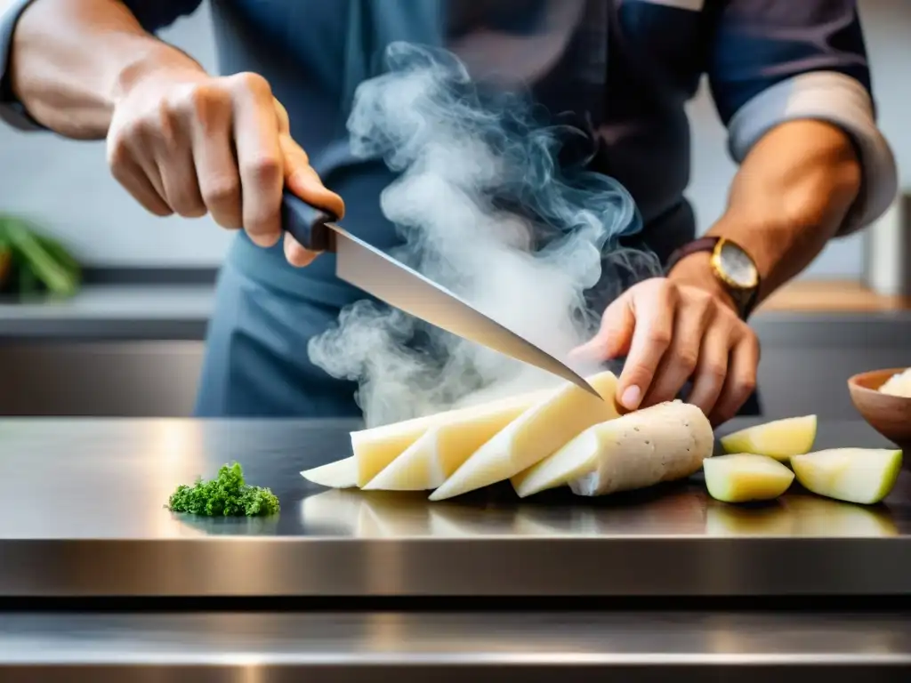 Un chef experto corta yuca en una cocina moderna con precisión