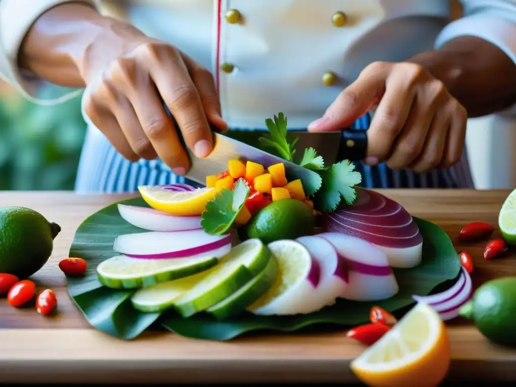 Un chef experto corta ingredientes frescos para ceviche peruano