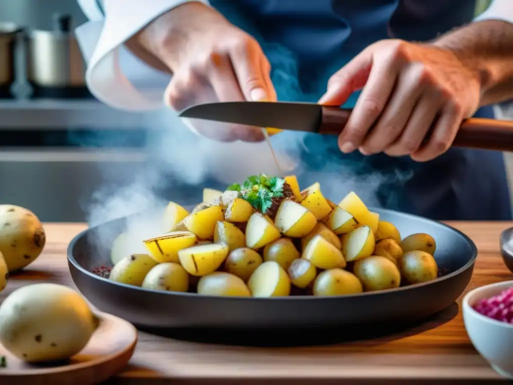 Un chef experto corta ollucos frescos con precisión, mientras cocina carne