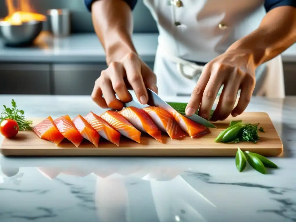 Un chef experto corta pescado fresco para un delicioso tiradito