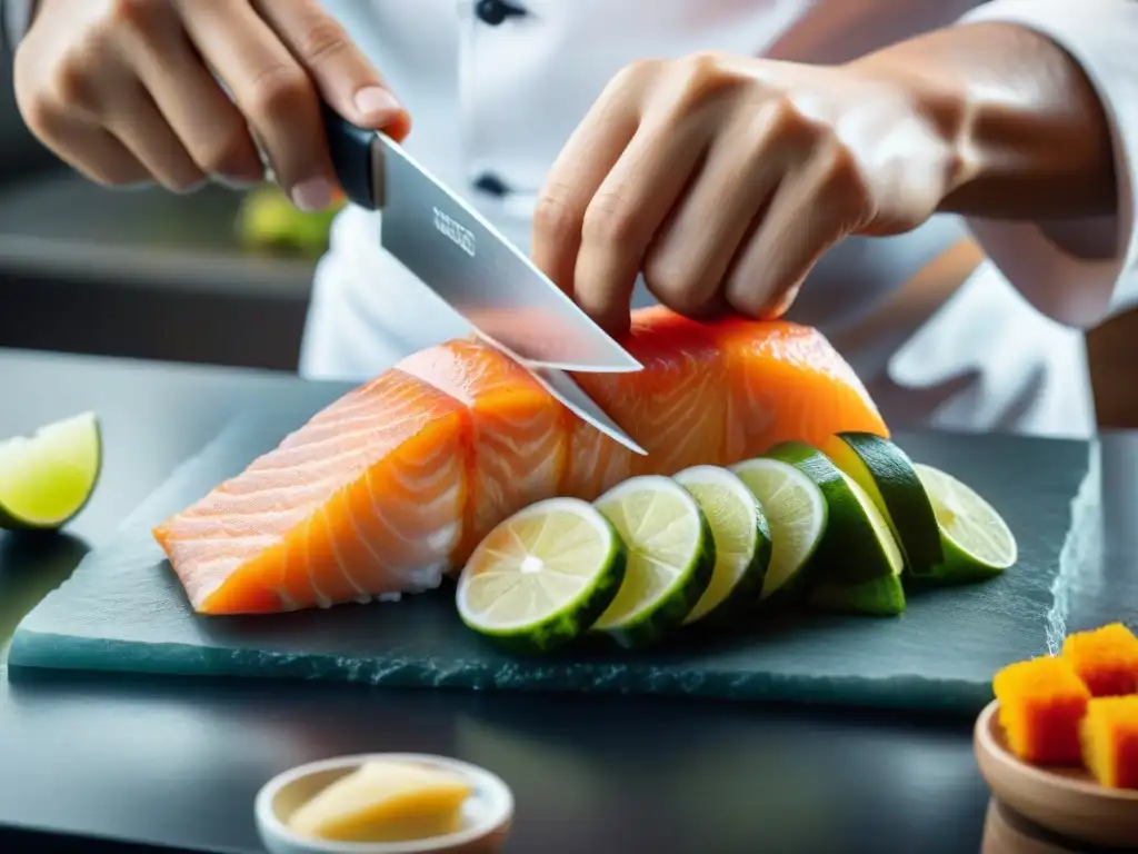 Un chef experto corta pescado fresco con precisión, fusionando técnicas japonesas y sabores peruanos en talleres cocina fusión peruano-japonesa