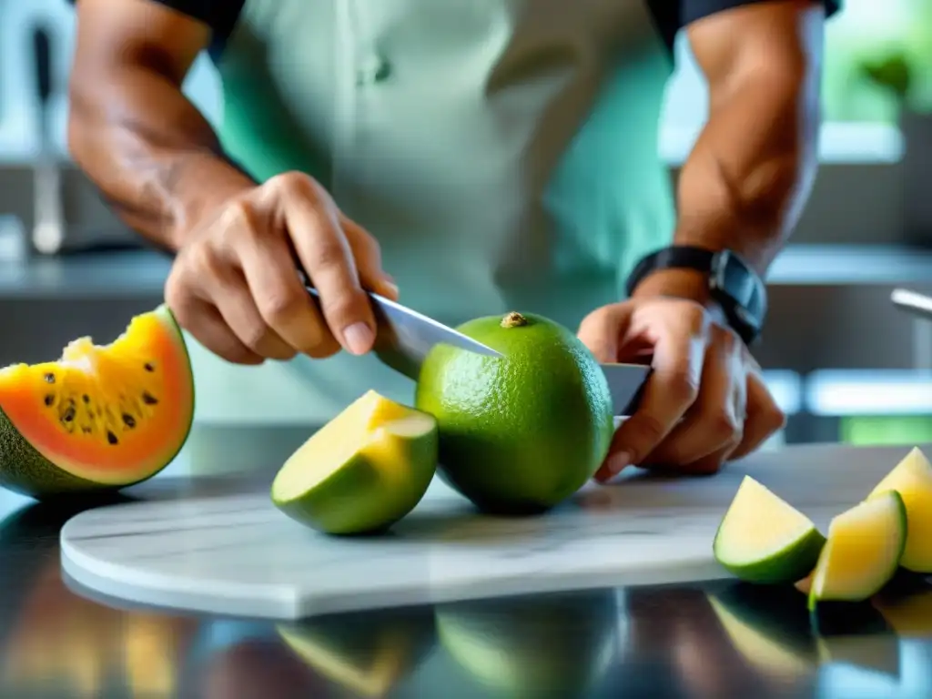 Un chef experto corta con precisión una chirimoya madura en una cocina profesional