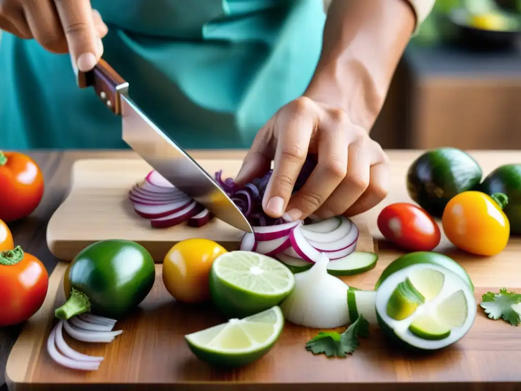 Un chef experto corta con precisión ingredientes frescos para ceviche