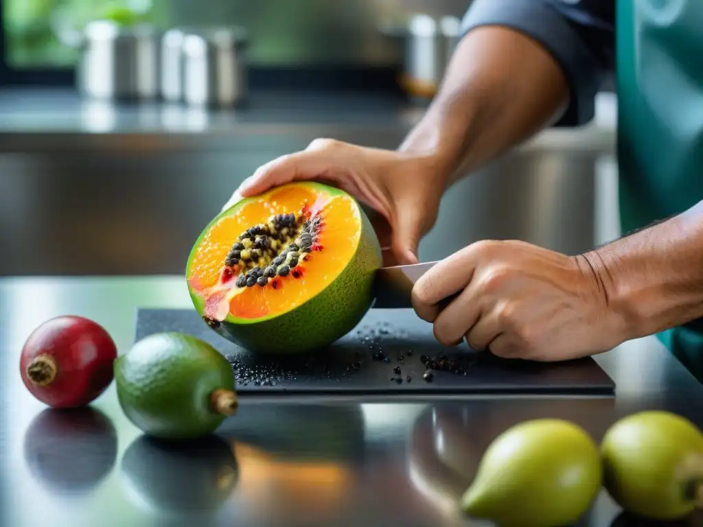 Un chef experto corta con precisión un vibrante fruto de pijuayo, resaltando su frescura y versatilidad en la cocina