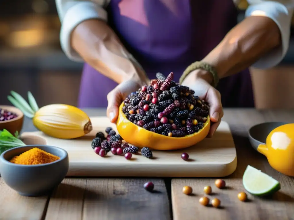 Chef experto resucita sabores peruanos olvidados con ingredientes vibrantes Un chef experto arregla con delicadeza ingredientes autóctonos peruanos en una mesa rústica