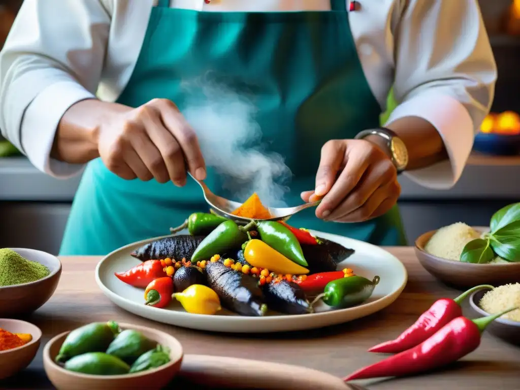 Un chef experto prepara un delicado sabor cuy tradición en una cocina peruana tradicional llena de color y actividad