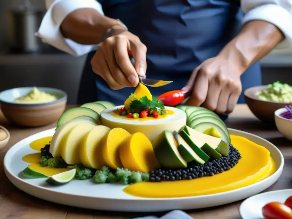 Un chef experto ensambla con destreza una causa limeña, mostrando la evolución de este plato resistencia peruano