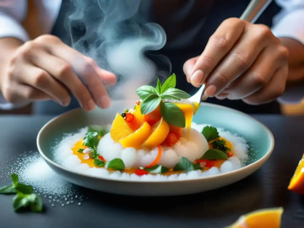 Un chef experto utilizando con destreza una cucharita para esparcir hidrocoloides en un ceviche vibrante, destacando la cocina peruana