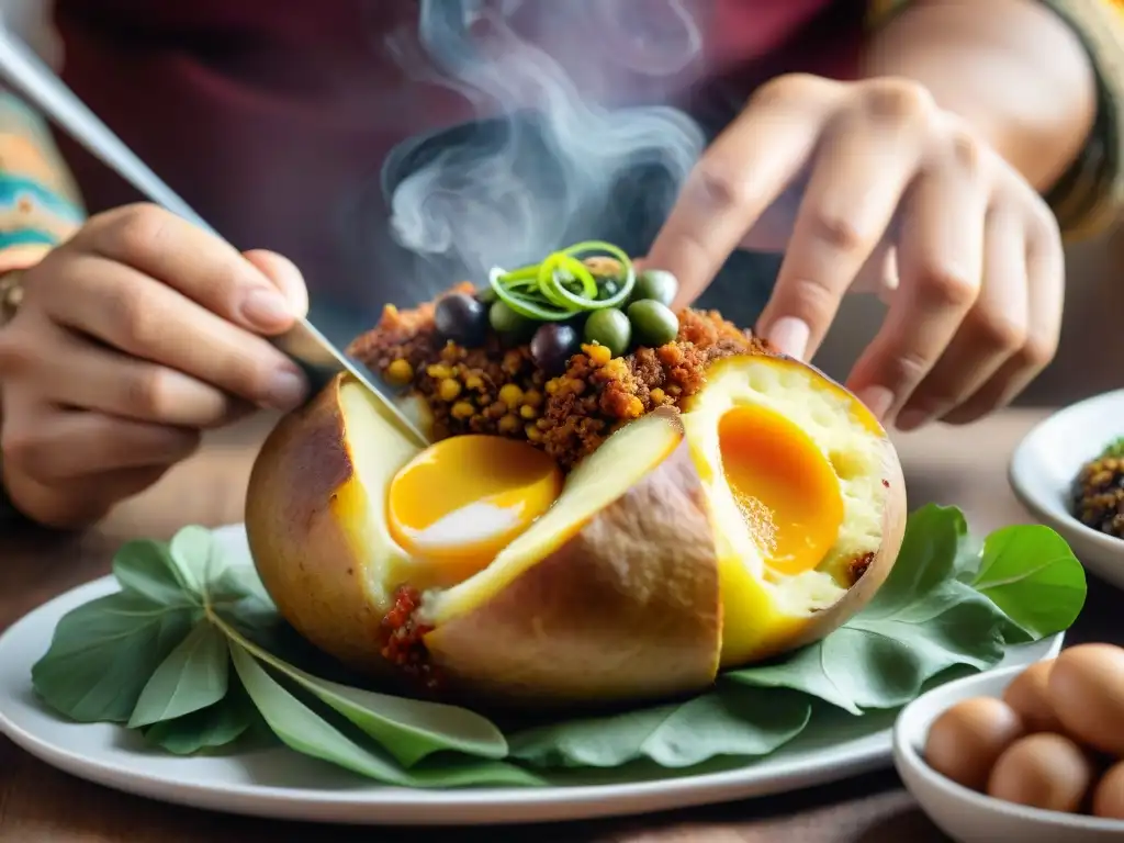 Un chef experto moldea con destreza una papa rellena peruana, rodeado de ingredientes vibrantes