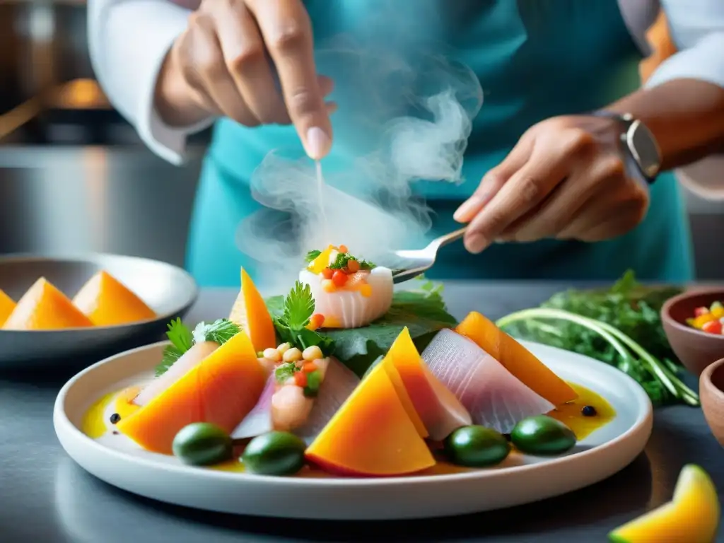 Un chef experto prepara con detalle ceviche peruano en restaurante de Lima, fusionando ingredientes tradicionales y técnicas modernas