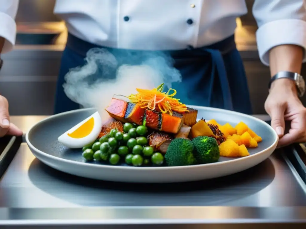 Un chef experto prepara con detalle un plato de origen fusión gastronomía japonesaperuana en una cocina moderna