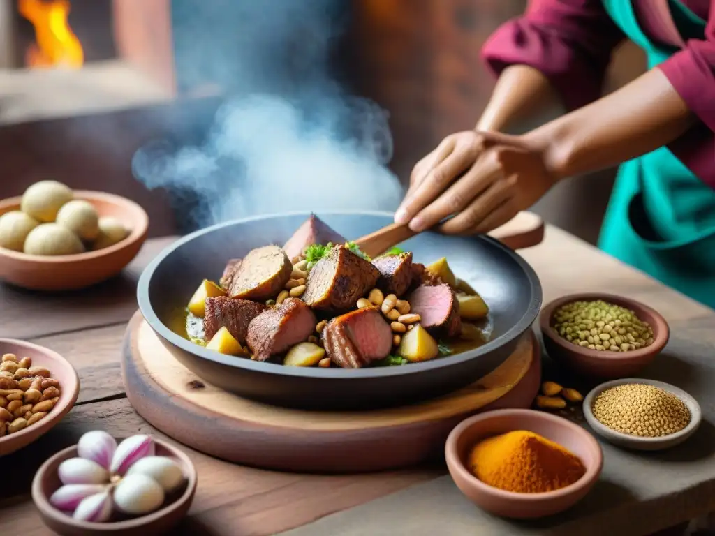 Un chef experto prepara con detalle una receta tradicional carapulcra peruana en una cocina rústica