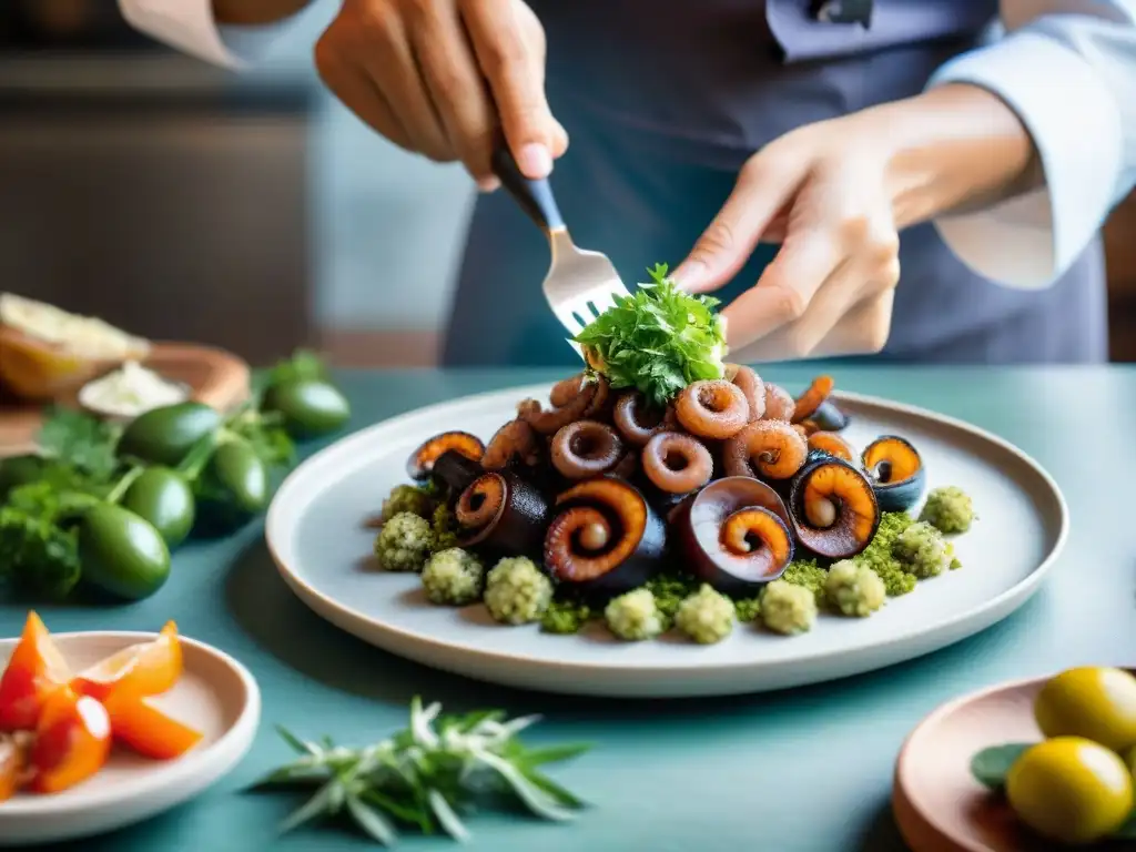 Pulpo al Olivo: Chef experto preparando con precisión Un chef experto prepara con elegancia Pulpo al Olivo sobre tapenade de aceitunas verdes, destacando la meticulosidad de la receta fácil