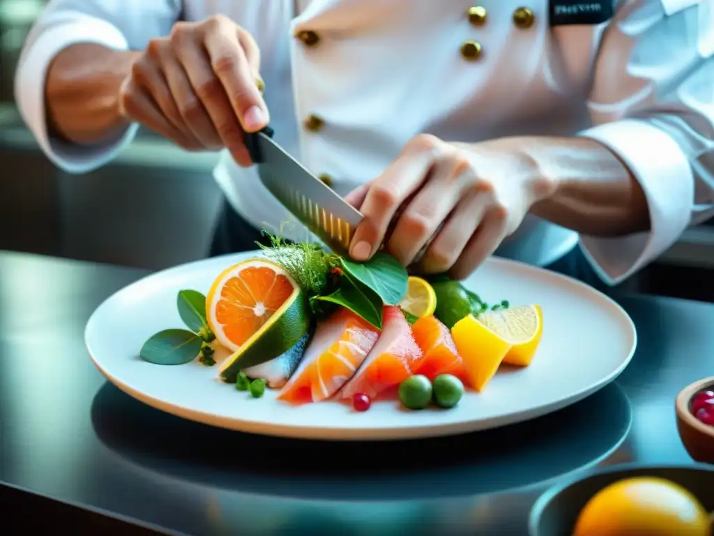 Un chef experto en estilismo para ceviches y tiraditos crea una obra de arte culinaria con pescado fresco y cítricos