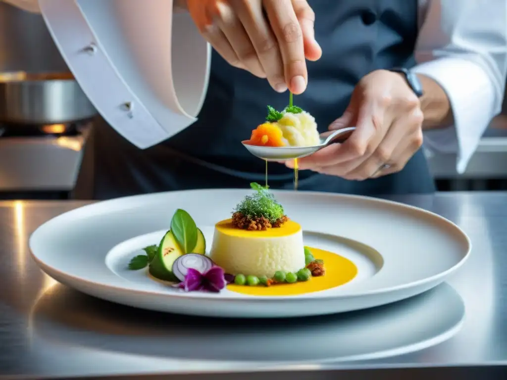 Un chef experto en estilismo en la presentación gastronómica prepara una causa limeña en un elegante restaurante