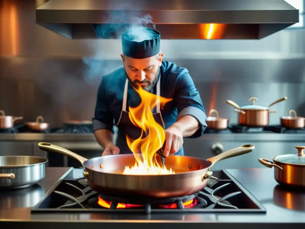 Un chef experto flambeando un exquisito plato en una cocina profesional, maridaje con pisco y cocina