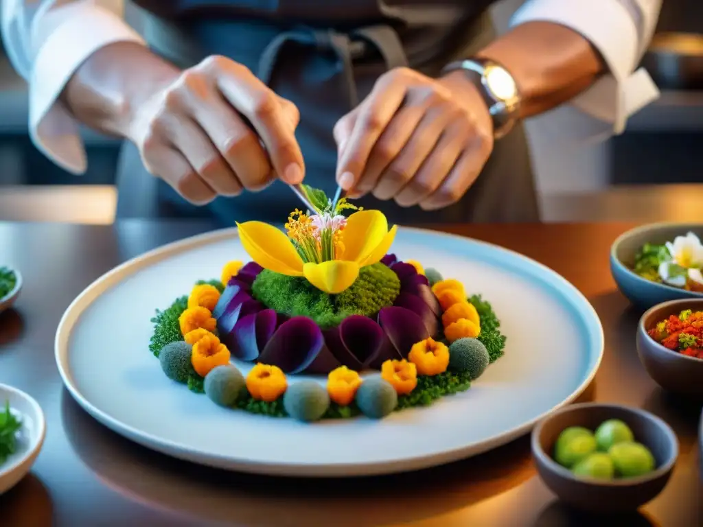 Un chef experto coloca flores comestibles con detalle en una presentación culinaria