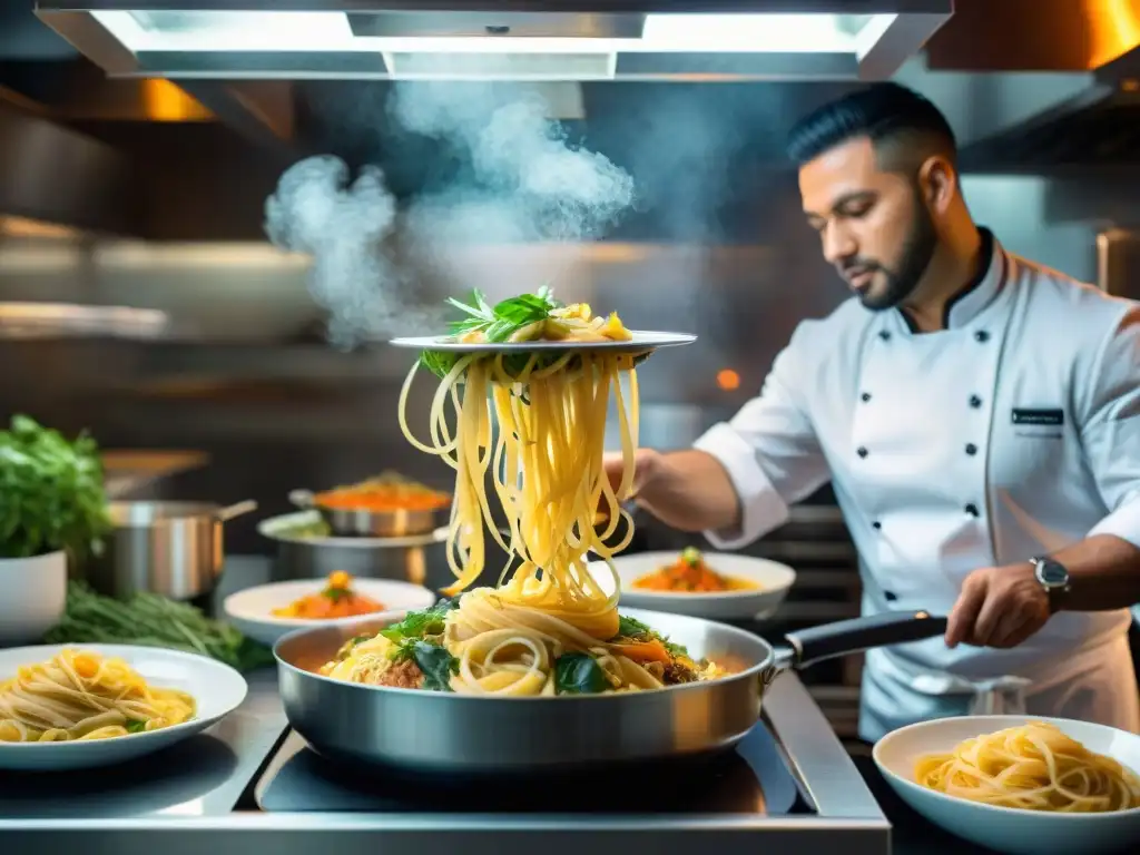 Un chef experto preparando una fusión italoperuana en una bulliciosa cocina, combinando ingredientes tradicionales italianos y peruanos