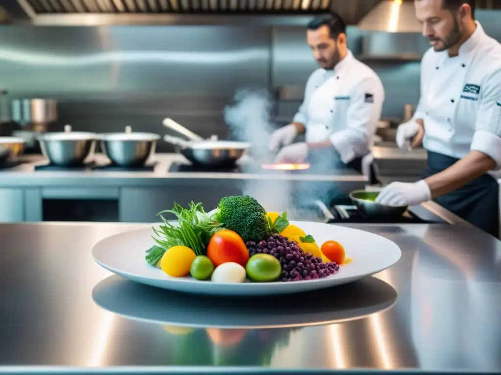 Un chef experto en presentación gastronómica potencia sabor al plato con destreza en cocina de alto nivel