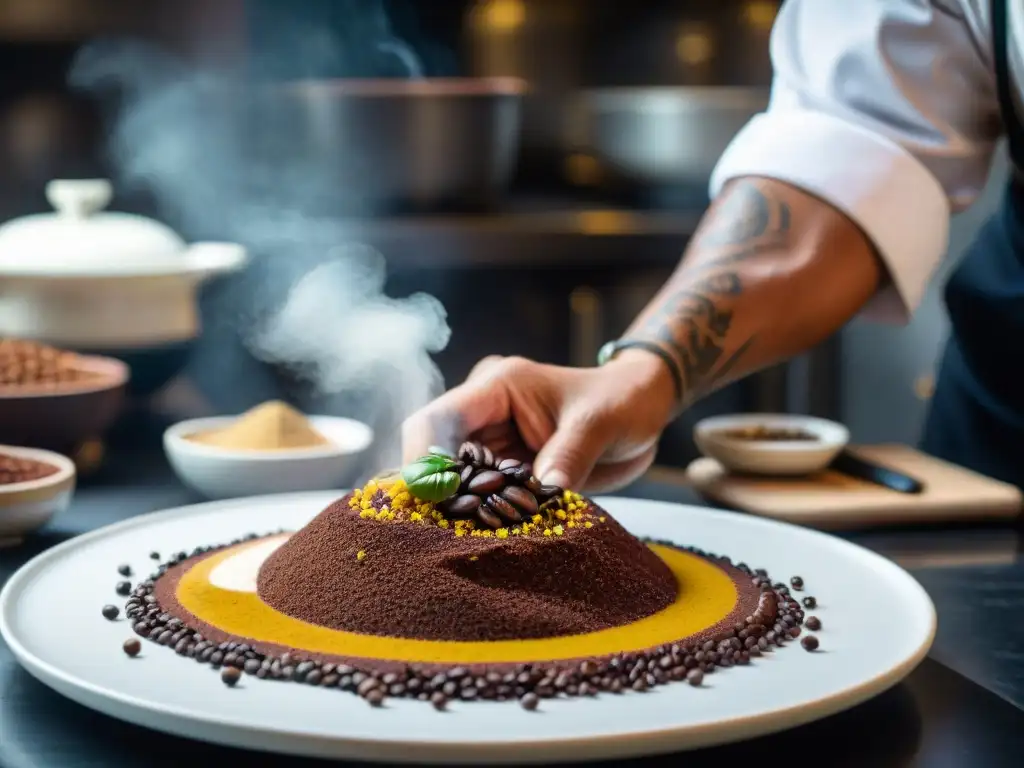 Un chef experto esparciendo granos de café peruano en un plato de cocina fusión, fusionando culturas culinarias