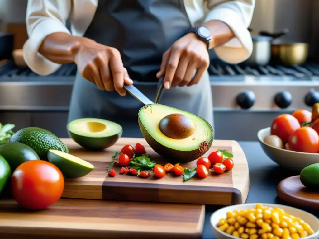 Un chef experto prepara guarniciones peruanas junto a una parrilla, en una escena llena de color y sabor