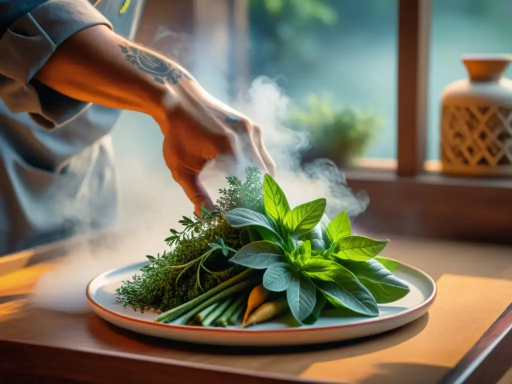 Un chef experto dispone hierbas y especias frescas en un plato cerámico