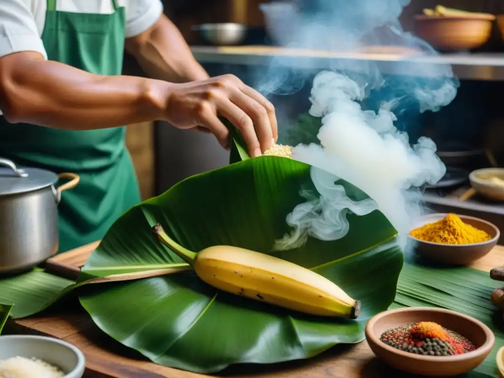 Un chef experto envuelve un Juane en hoja de plátano en la selva amazónica