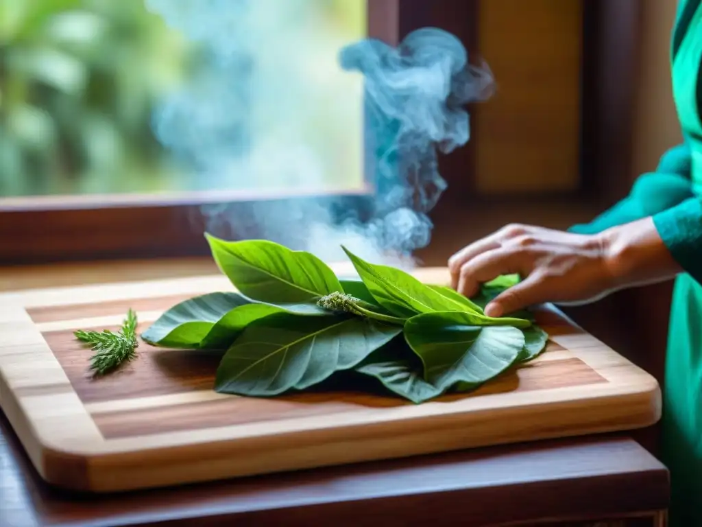 Un chef experto cortando hojas de huacatay en una cocina andina tradicional: hierba aromática gastronomía peruana