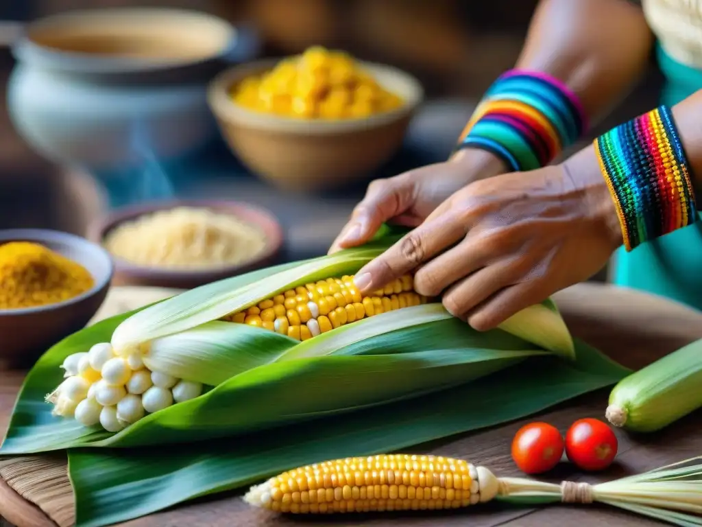 Un chef experto envuelve una humita peruana, mostrando la autenticidad de la gastronomía peruana platos autóctonos