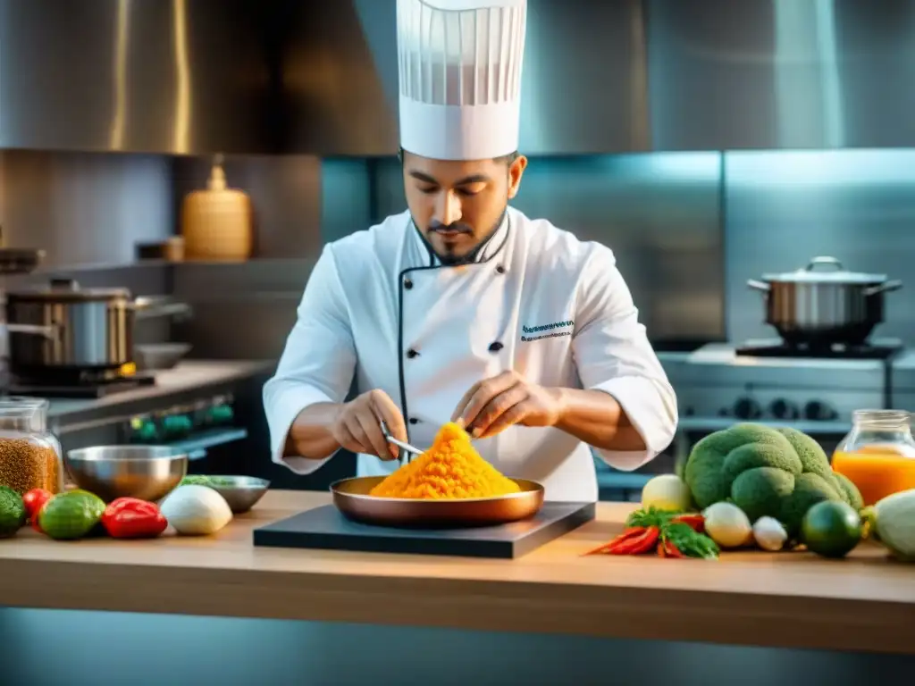 Chef experto utilizando una impresora 3D de alimentos para crear un colorido plato peruano en una cocina moderna llena de ingredientes tradicionales