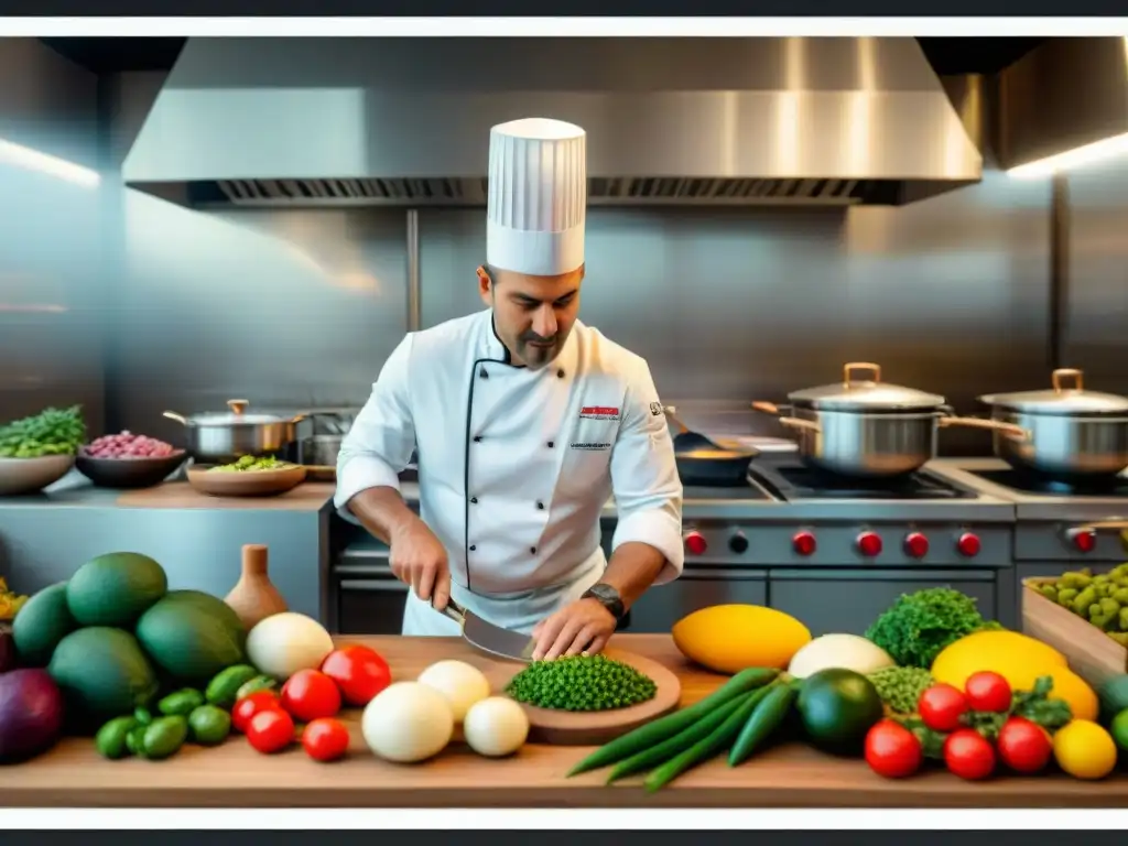 Un chef experto fusiona ingredientes autóctonos en una cocina bulliciosa, representando la esencia de la fusión gastronómica ítaloperuana