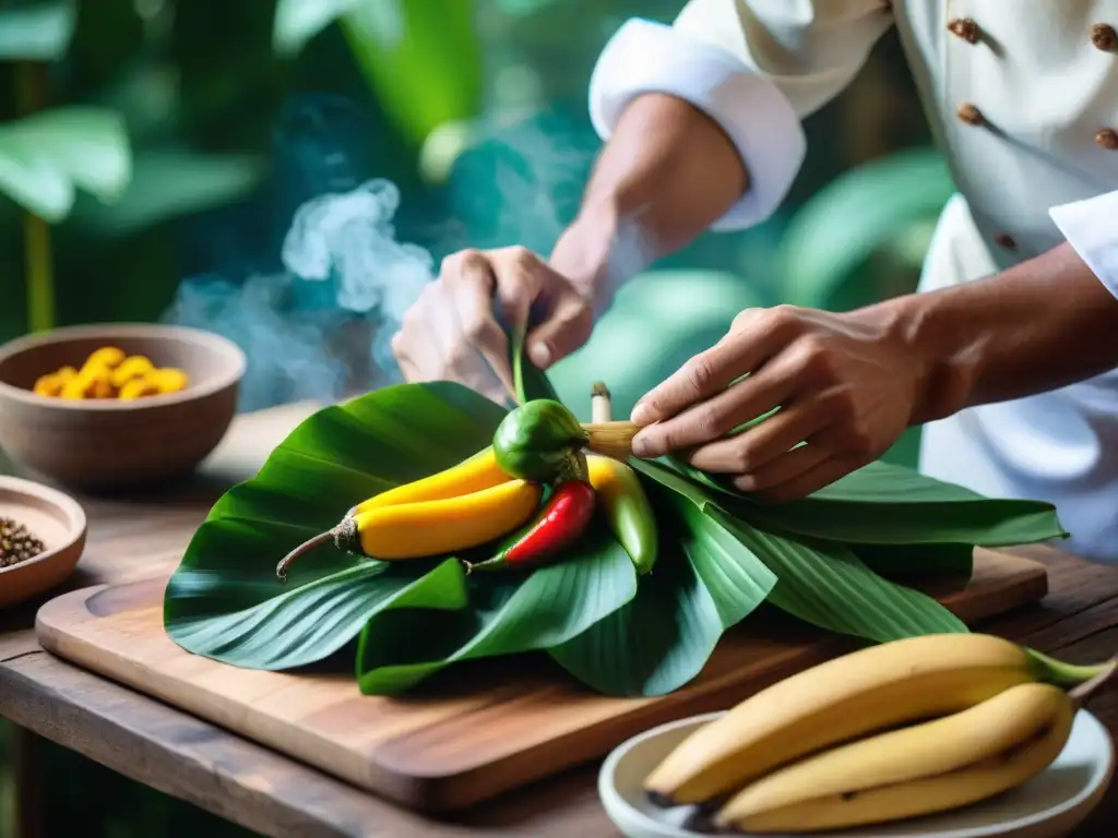 Un chef experto prepara ingredientes autóctonos de la cocina selva peruana en una cocina rústica, creando una obra de arte culinaria