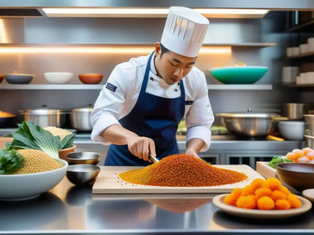 Un chef experto fusiona ingredientes peruanos y japoneses en un plato Nikkei, en una bulliciosa cocina