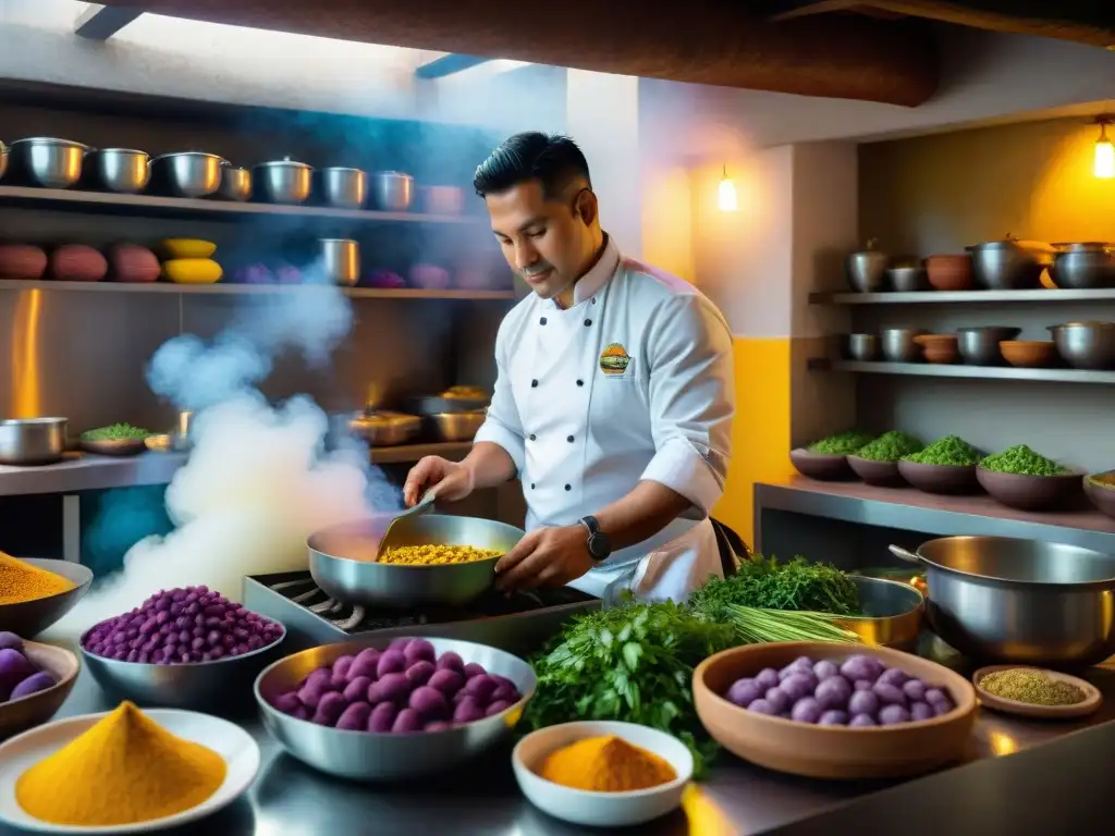 Un chef experto preparando ingredientes peruanos en una cocina tradicional, rodeado de libros cocina peruana tradicional