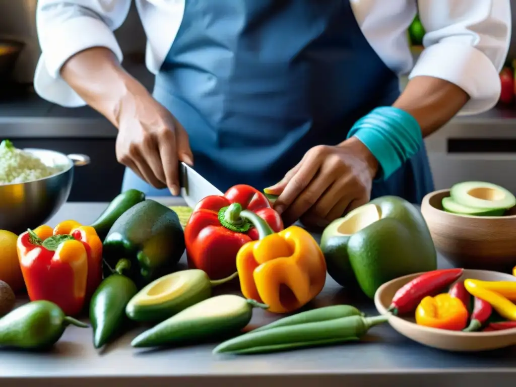 Un chef experto cortando ingredientes peruanos con cuchillos de chef gastronomía peruana