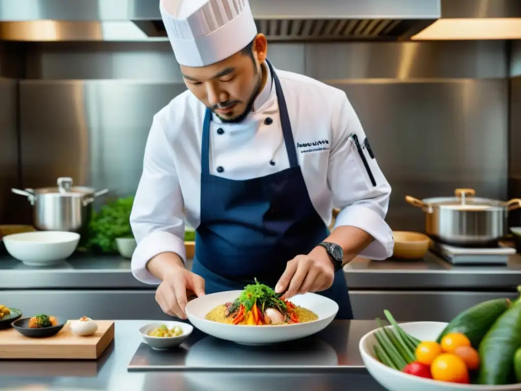 Un chef experto fusionando ingredientes peruanos y japoneses en una cocina moderna, representando la cocina nikkei fusion Peru Japon