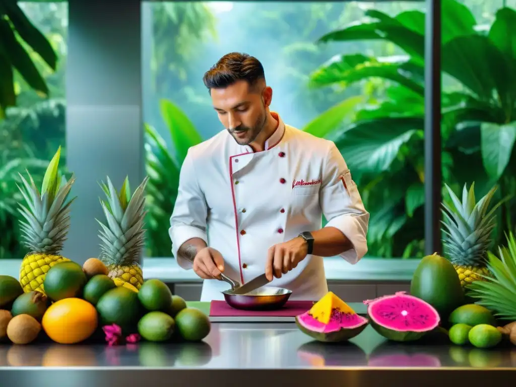 Un chef experto prepara ingredientes de la selva amazónica en una cocina vibrante