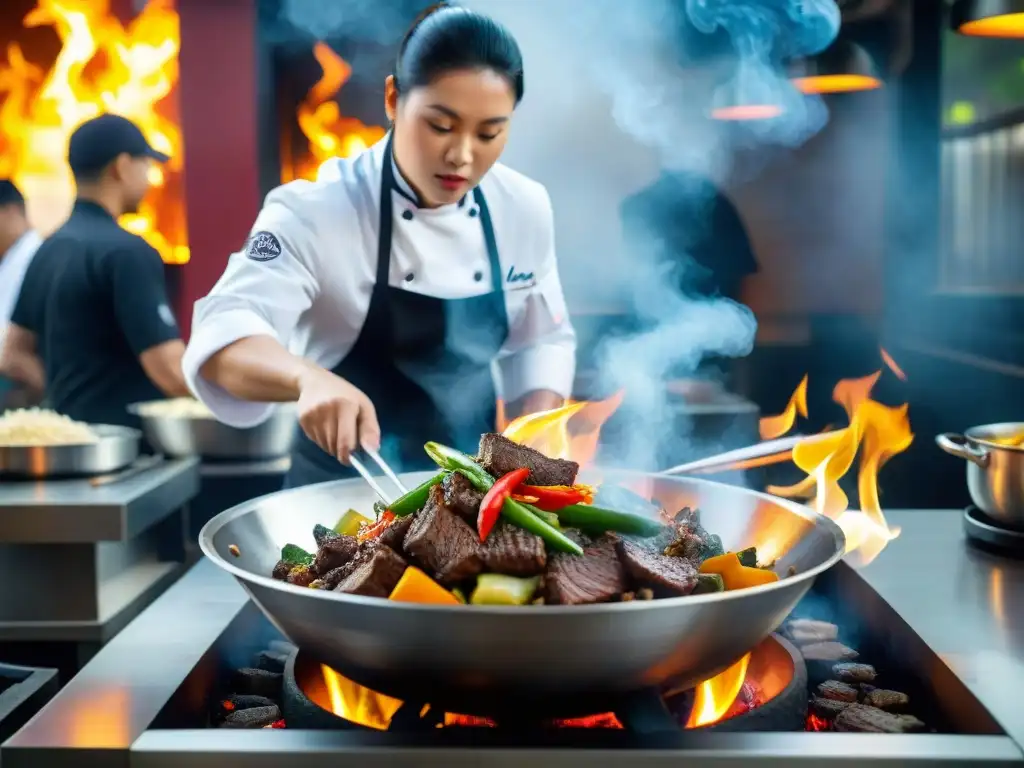 Un chef experto mezcla ingredientes con técnicas lomo saltado sobre fuego alto