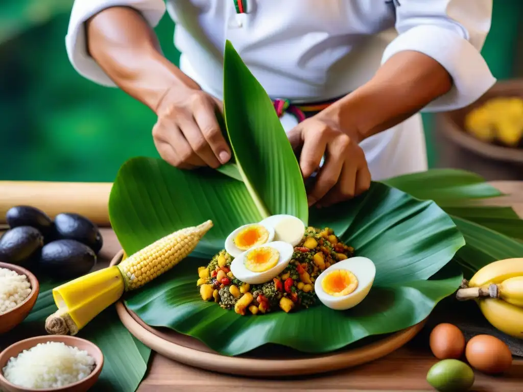 Un chef experto prepara un juane peruano en la selva amazónica