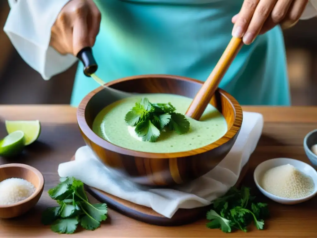 Un chef experto prepara Leche de tigre versión bebible en un mortero de madera, mezclando ingredientes frescos con cuidado