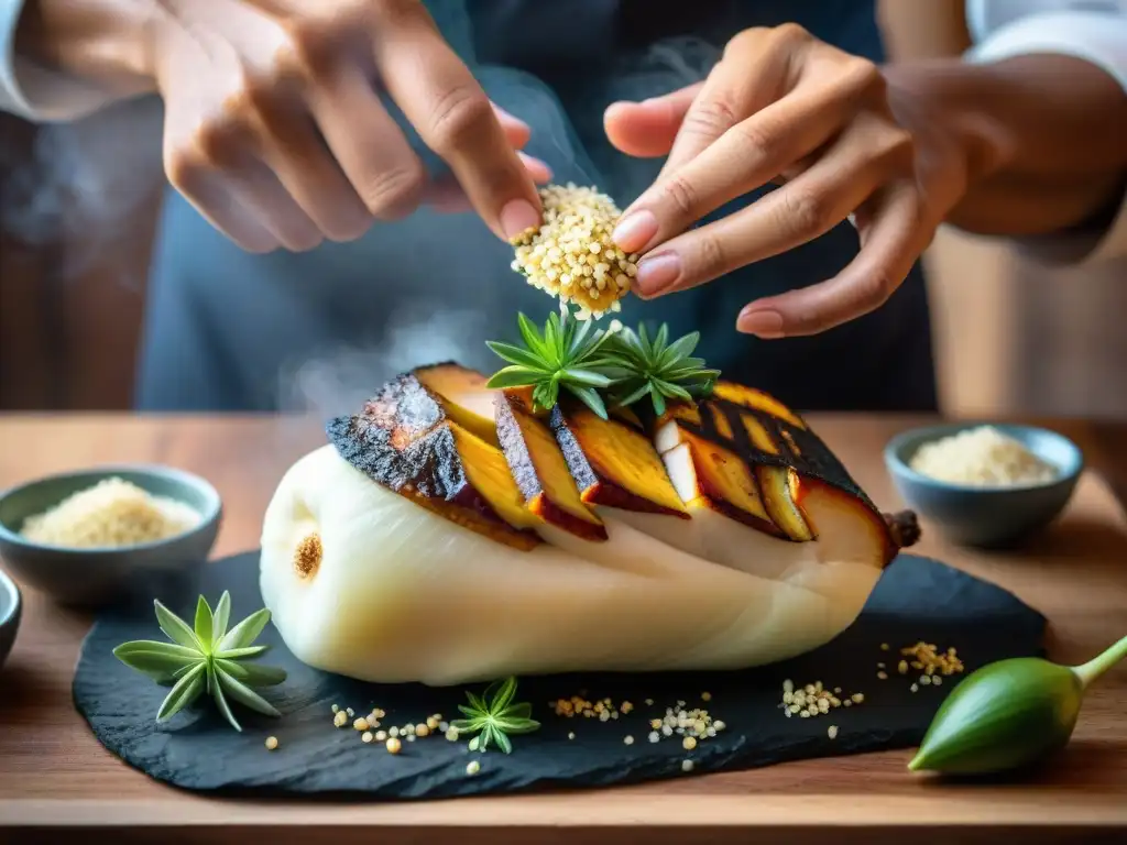 Un chef experto prepara un lechón peruano en casa, mostrando arte culinario y dedicación