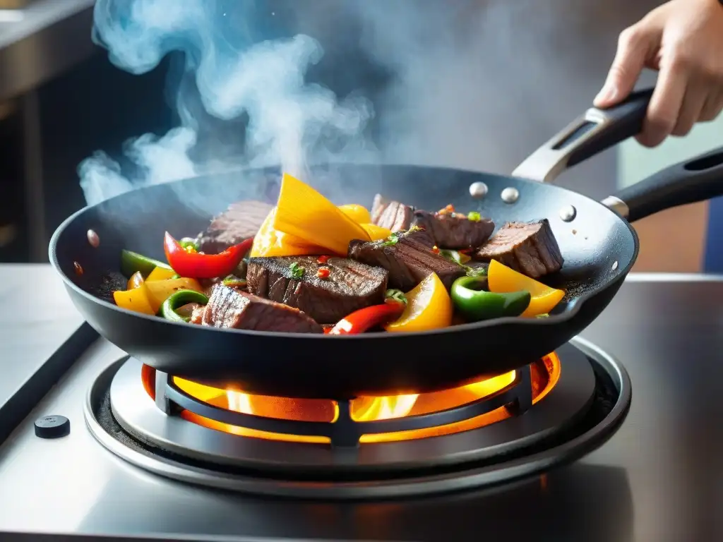 Un chef experto cocina Lomo Saltado con técnicas de fuego alto, creando una escena vibrante y llena de sabor