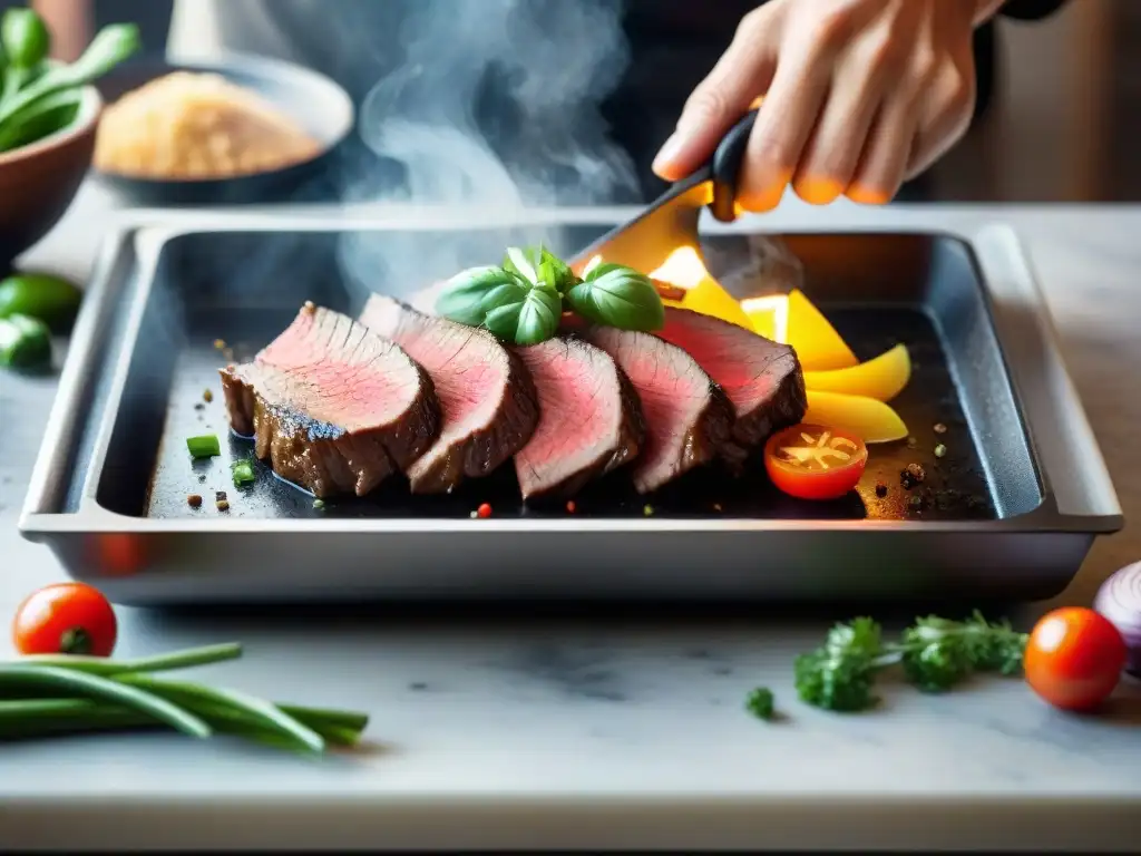 Un chef experto cocina lomo saltado en una piedra caliente, rodeado de verduras frescas en una cocina rústica