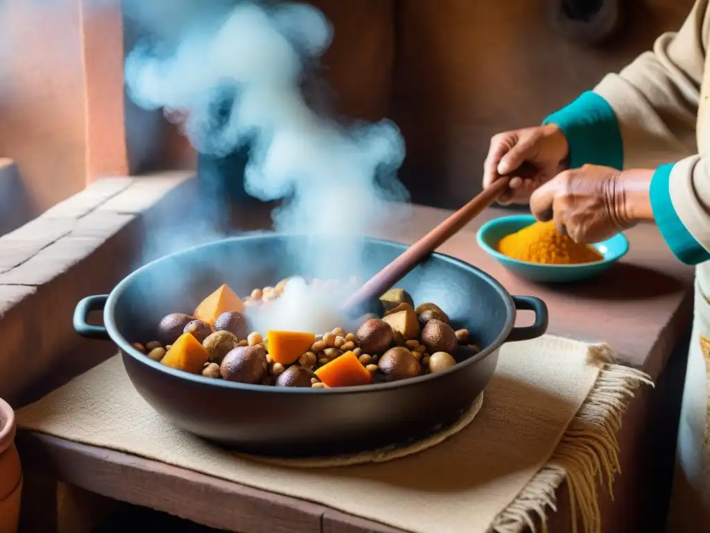 Un chef experto prepara una olla de carapulcra en una cocina peruana tradicional